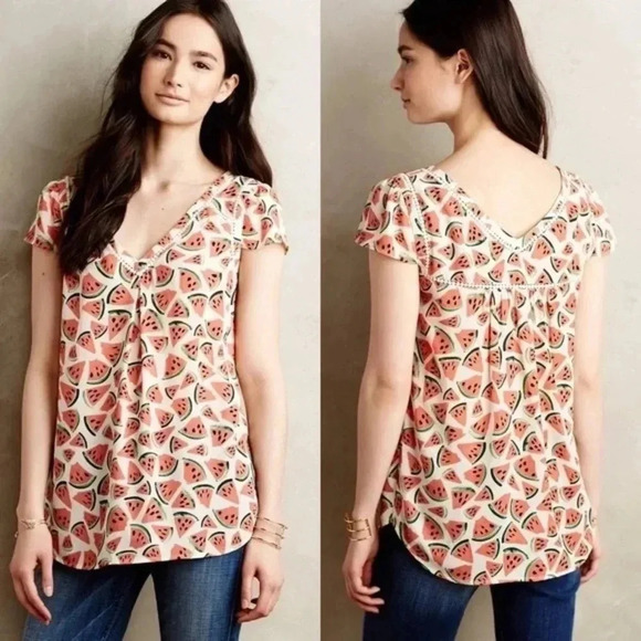 Anthropologie Maeve Picnic Days Watermelon Print Short Sleeve Top Blouse Size 0 - Picture 2 of 8